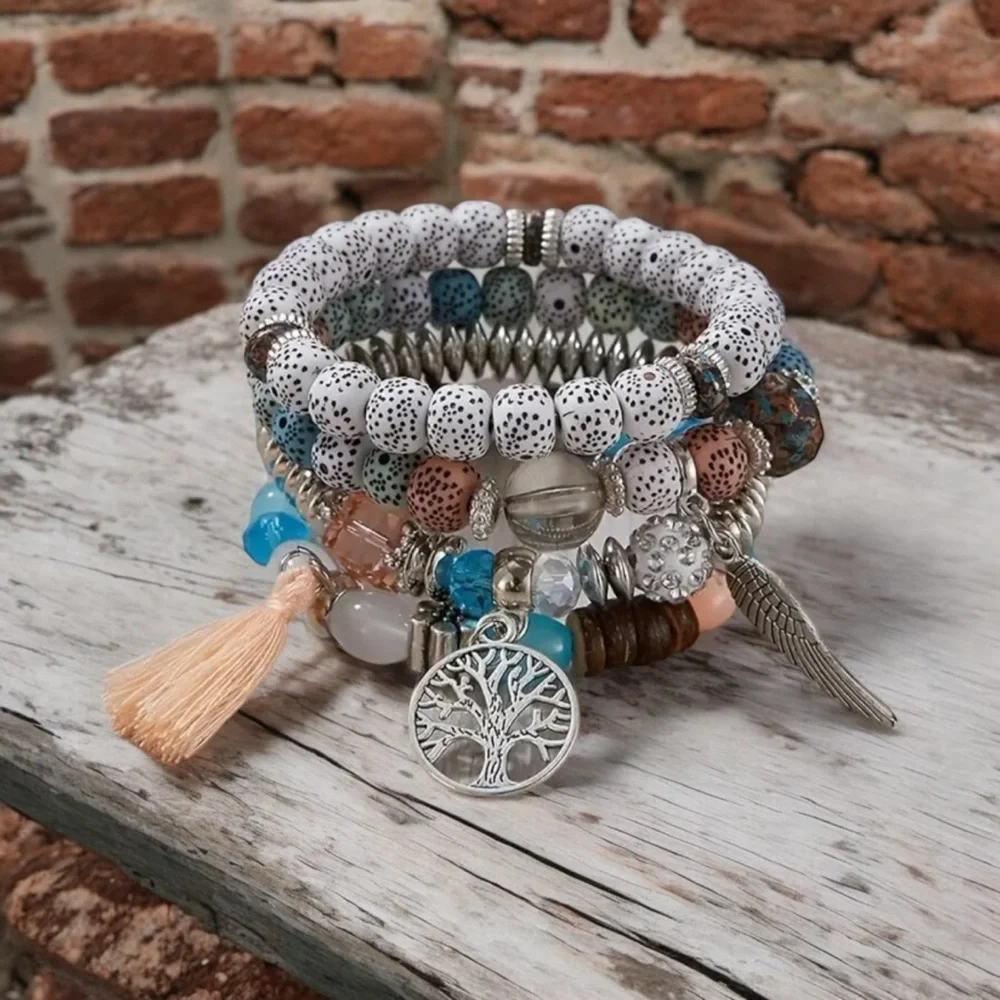 4pcs/set Bohemian Hand String, Tree Of‎ Life Feather Wings Pendant Bracelet